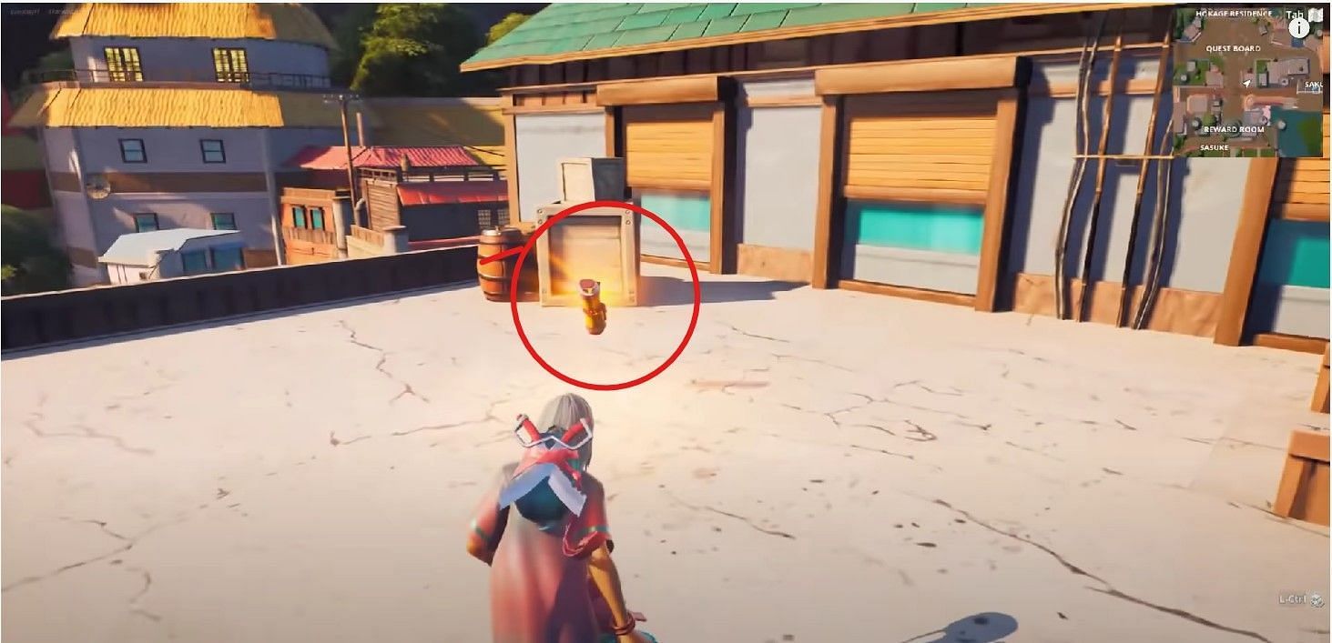 Location of Naruto scroll in Fortnite Hidden Leaf Village Adventure hub (Image via Fortnite)