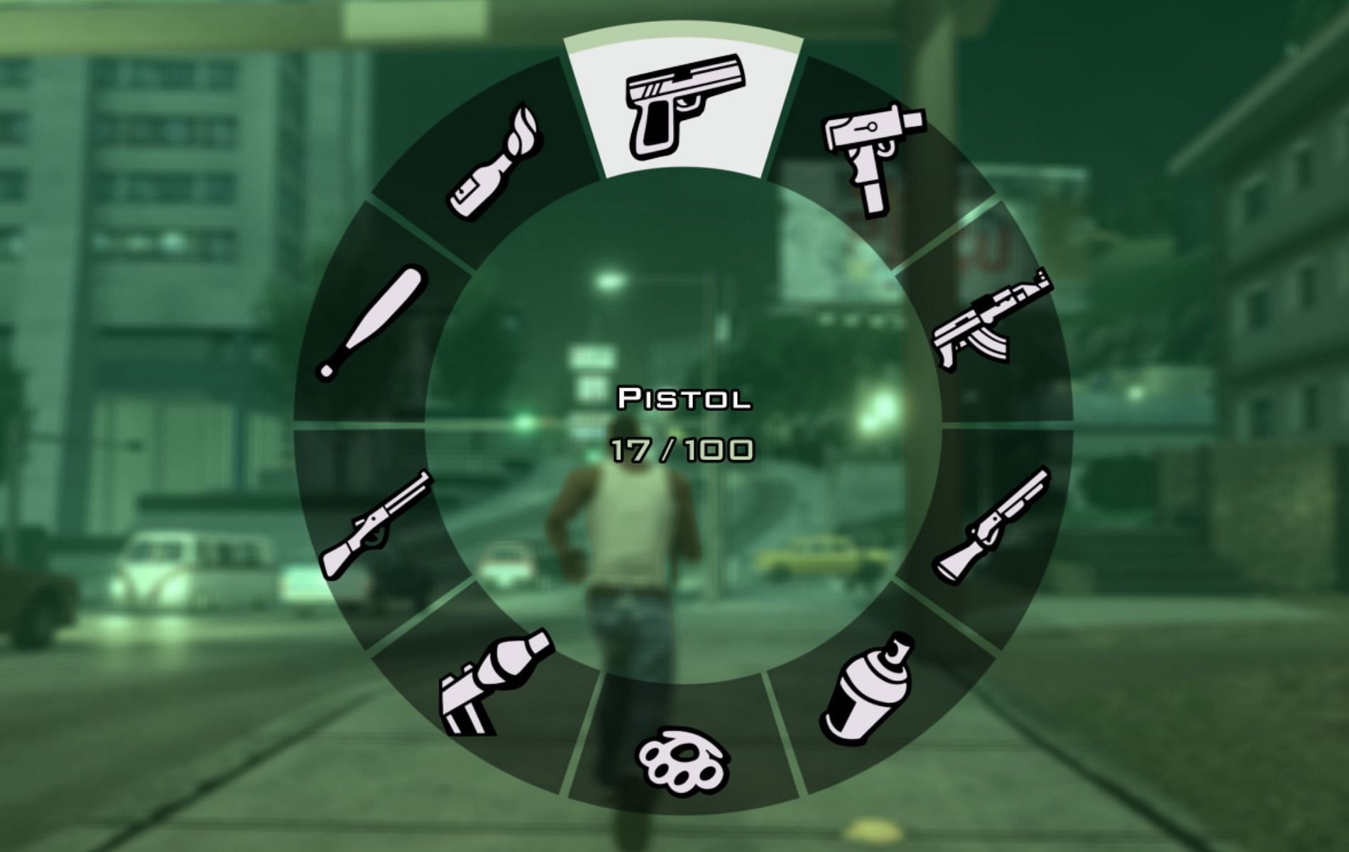 The new weapon selection wheel in GTA San Andreas Definitive Edition (Image via Rockstar Games)