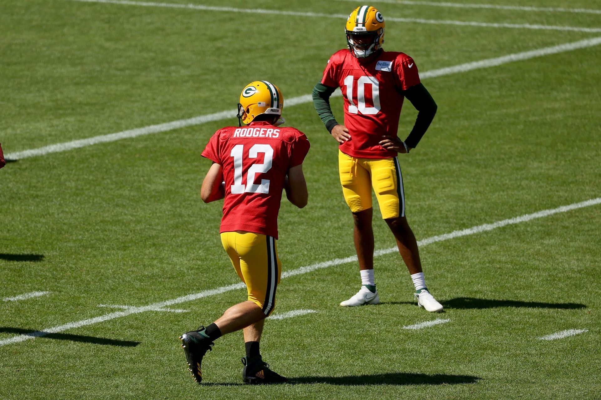 Aaron Rodgers and Jordan Love at the Green Bay Packers Training Camp