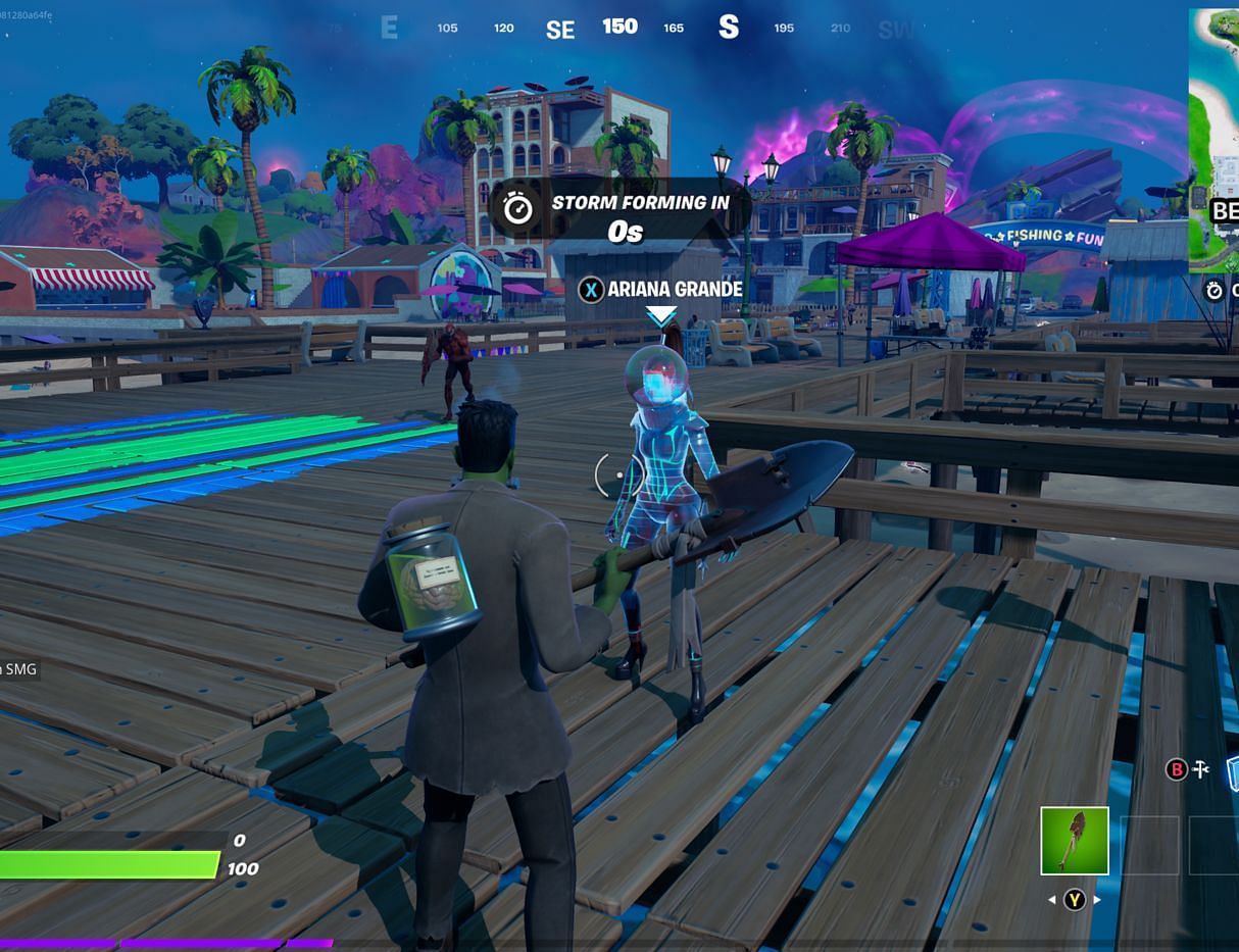 Ariana Grande is found on the dock at Believer Beach. (Image via Epic Games)