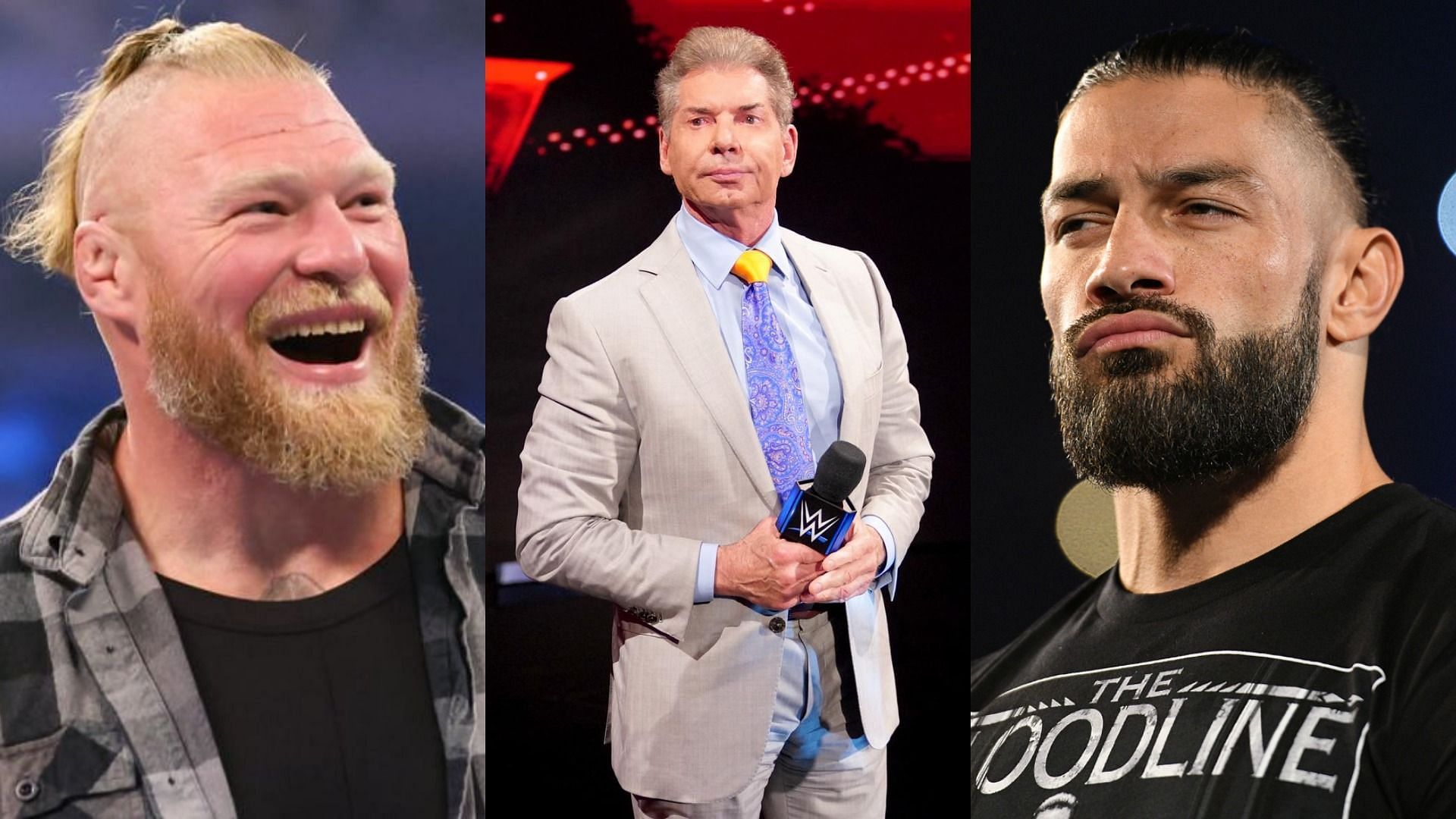 Brock Lesnar (left); Vince McMahon (middle); Roman Reigns (right)