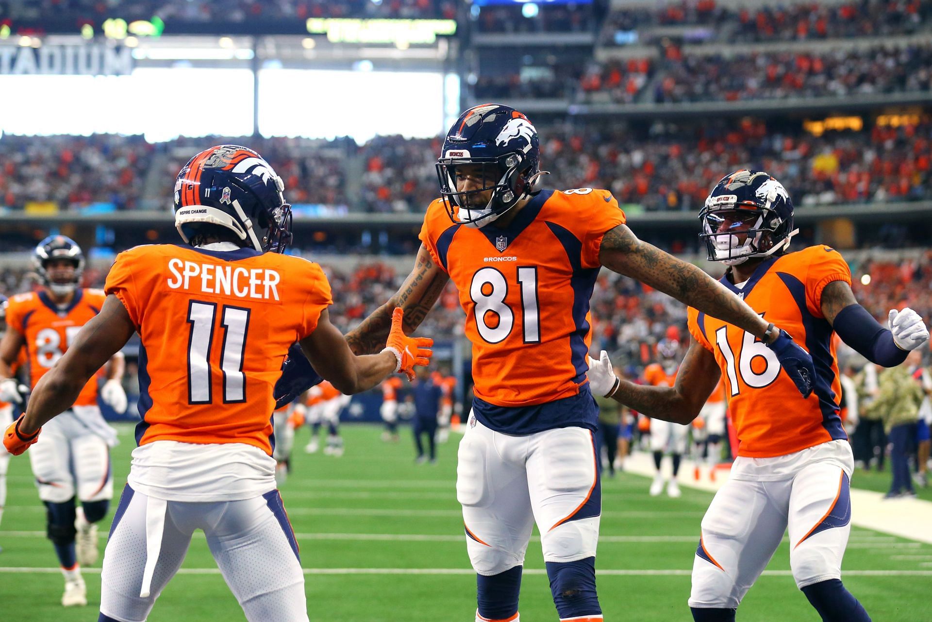 Denver Broncos wide receiver Tim Patrick (81) reacts against the