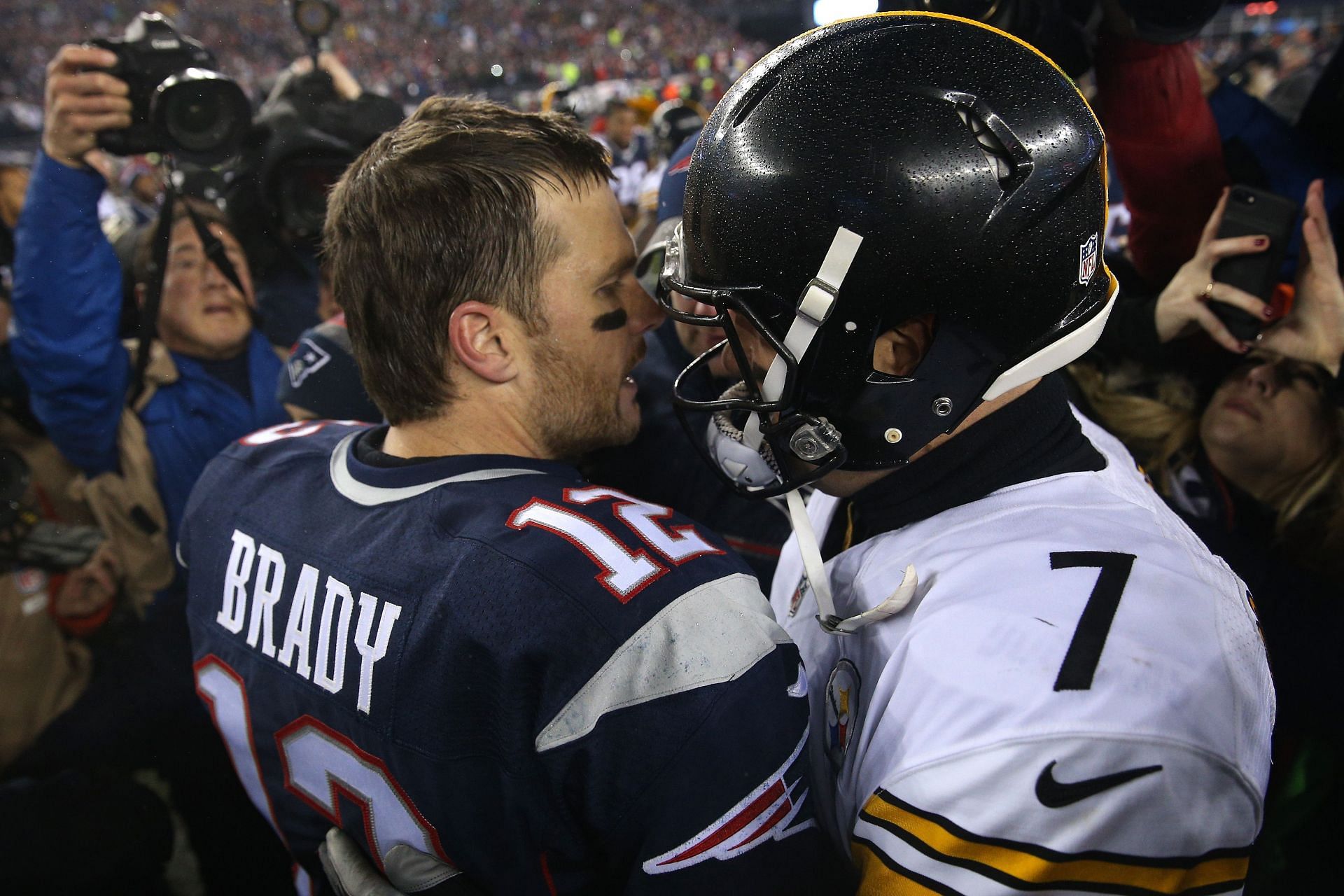 Brady and Roethlisberger after the 2017 AFC title game (Photo: Getty)
