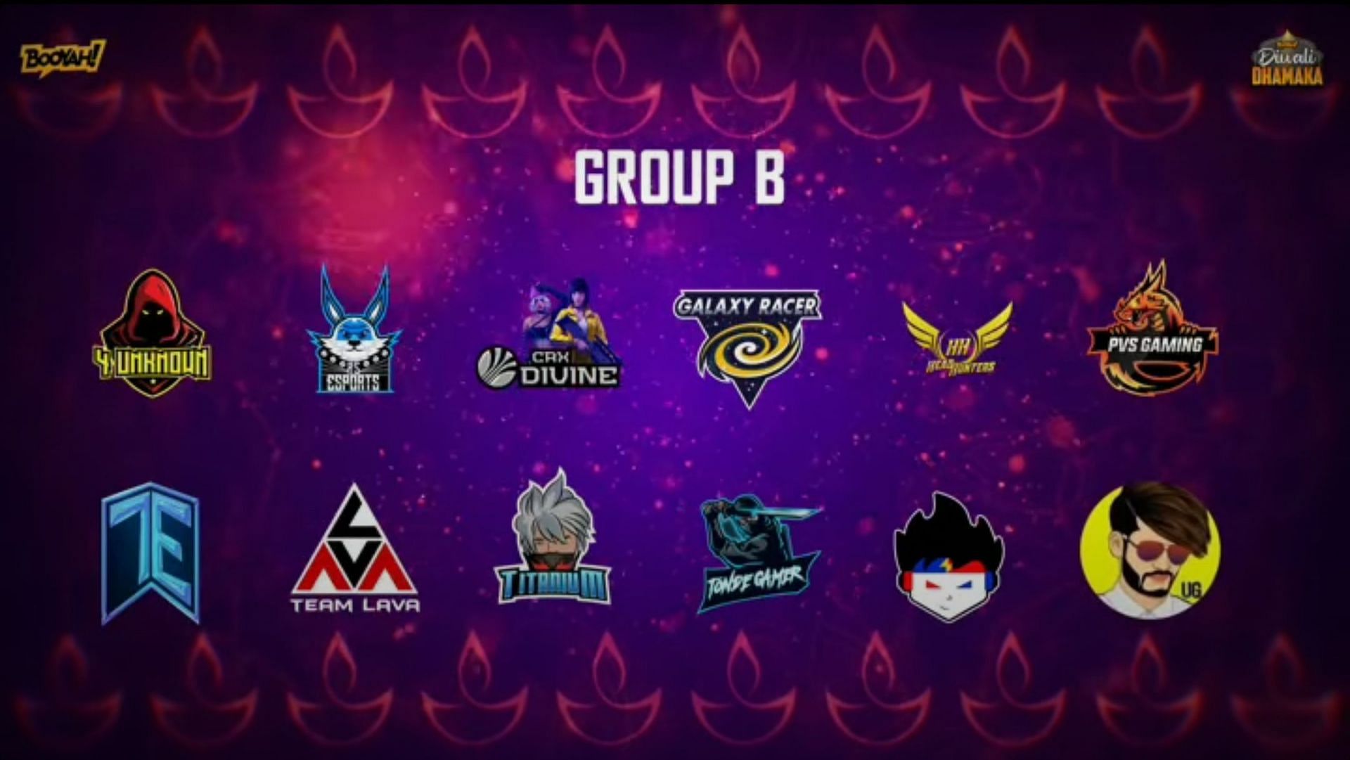 Teams in Free Fire Diwali Dhamaka group B (Image via Booyah)