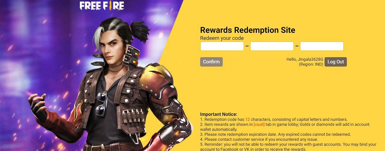 The Free Fire redeem code website (Image via Garena)