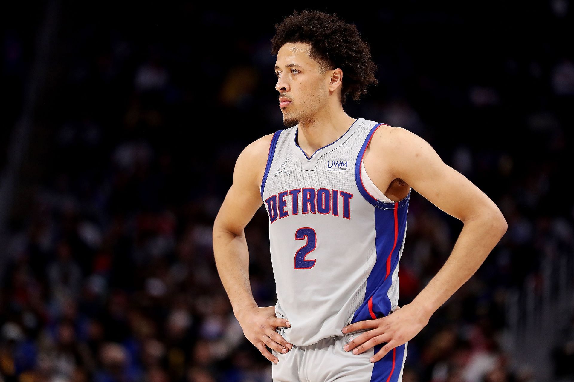 Cade Cunningham looks on at the Golden State Warriors v Detroit Pistons game