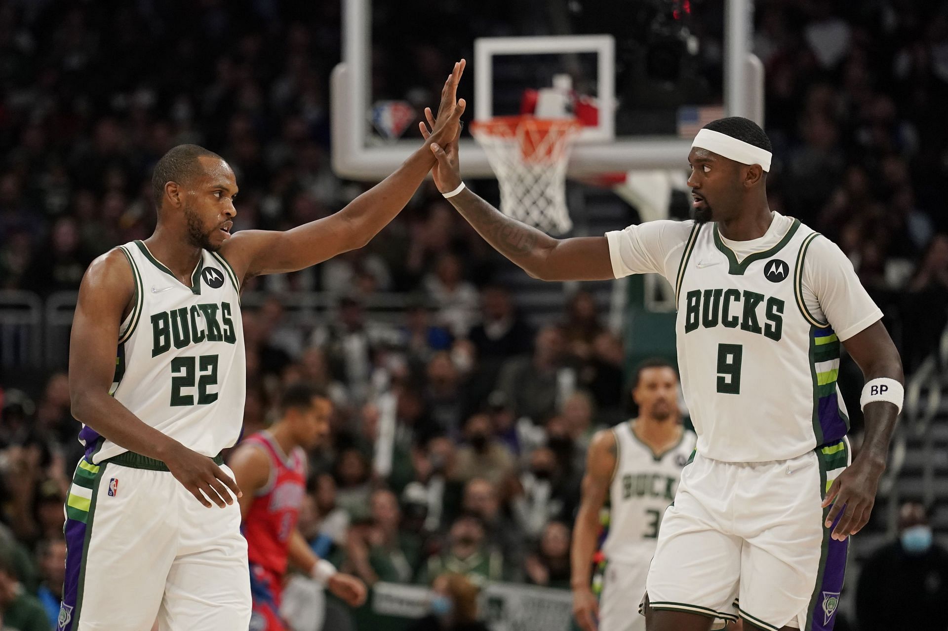 Khris Middleton and Bobby Portis of the Milwaukee Bucks