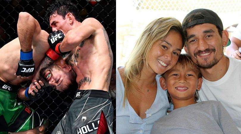 Max Holloway fighting Yair Rodriguez (left); &#039;Blessed&#039; with his fiancee and son (right) [Image credit: @blessedmma via Instagram]