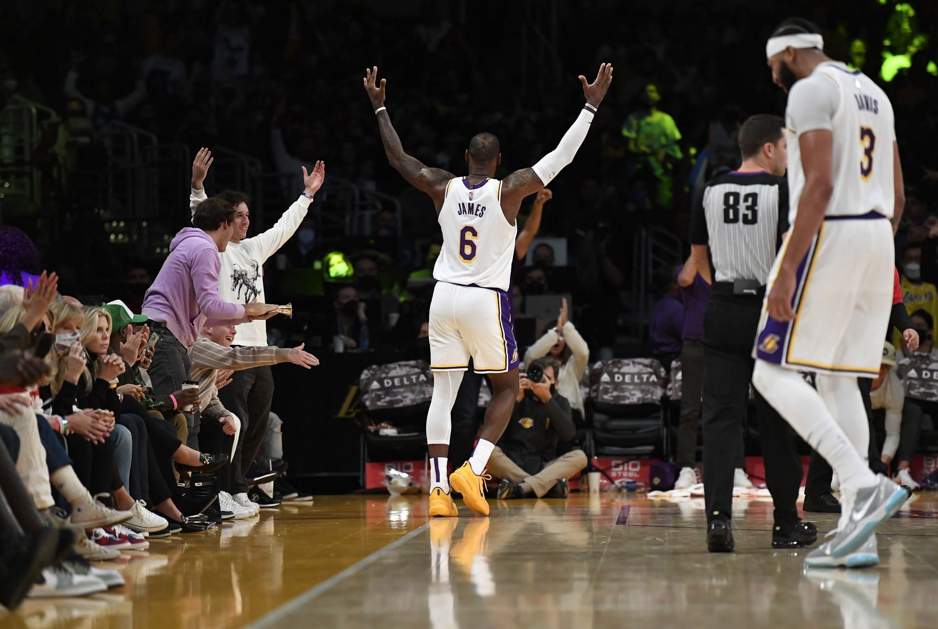 LeBron James #6 of the Los Angeles Lakers celebrates after scoring a three point basket the Detroit Pistons