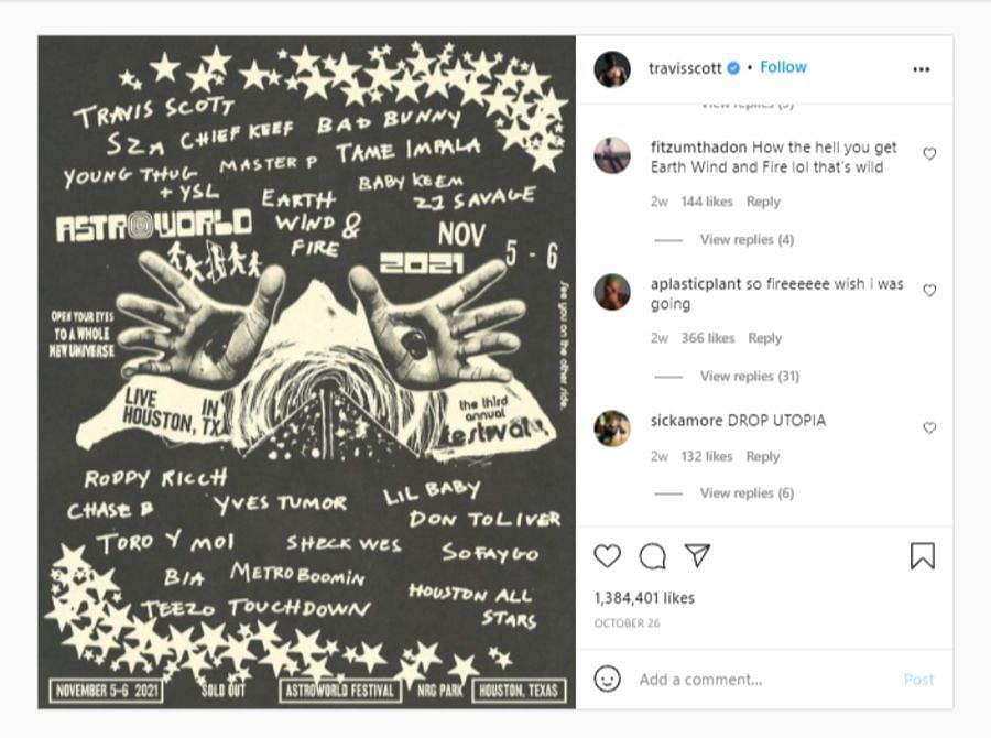 Rapper Travis Scott&#039;s Instagram post regarding Astroworld (Image via travisscott/ Instagram)
