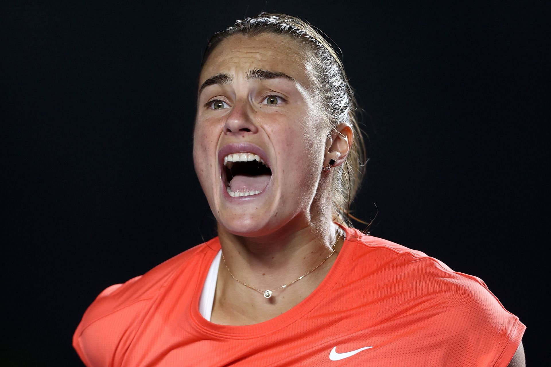 Aryna Sabalenka reacts during her match against Iga Swiatek at the 2021 WTA Finals