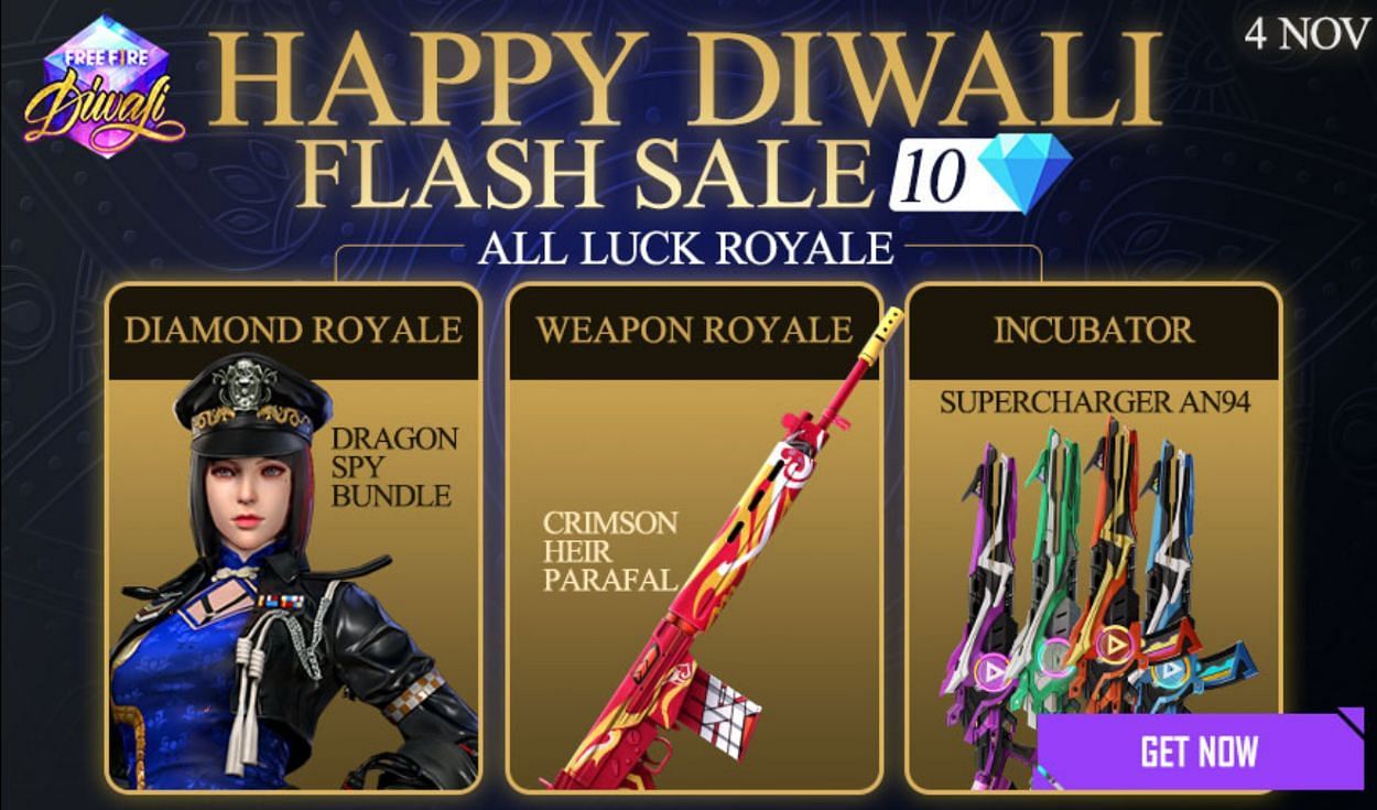 Discounts on Weapon Royale, Incubator and Diamond Royale are present (Image via Free Fire)