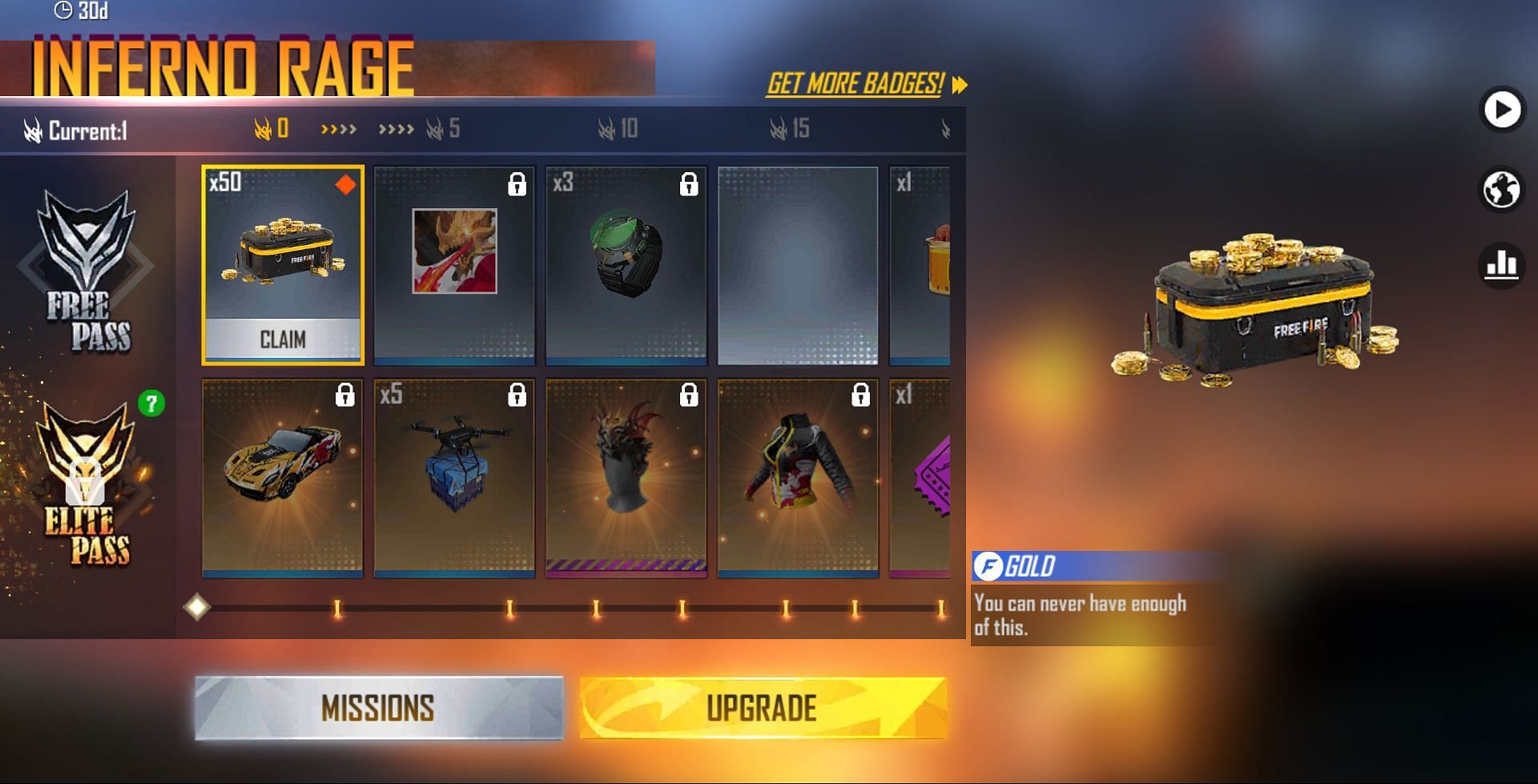 50 Gold will be rewarded to the players at 0 Badges (Image via Free Fire)