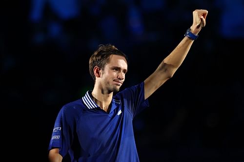 Daniil Medvedev celebrates after beating Alexander Zverev at the Nitto ATP World Tour Finals