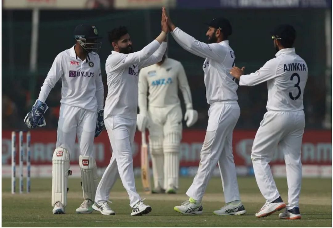 Ravindra Jadeja celebrating Rachin Ravindra&#039;s dismissal on Day 3 [P.C: ESPNCRICINFO]