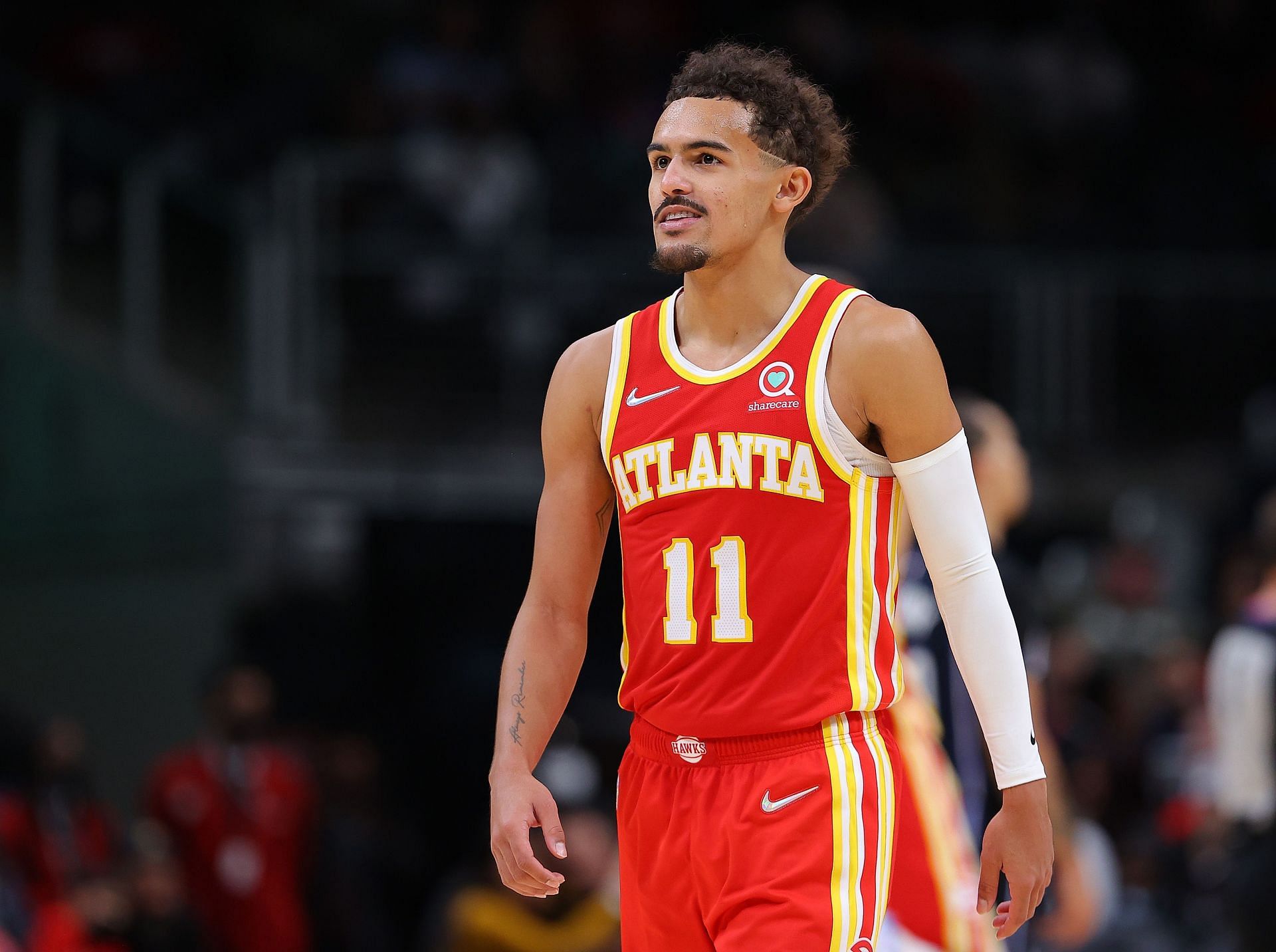 Trae Young of the Atlanta Hawks reacts against the Orlando Magic during the second half at State Farm Arena on November 15, 2021, in Atlanta, Georgia.