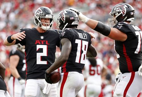 Atlanta Falcons wide receiver Calvin Ridley celebrating a touchdown with Matt Ryan