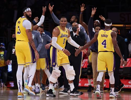 Anthony Davis (L), Russell Westbrook (C) and Rajon Rondo (#4) of the Los Angeles Lakers