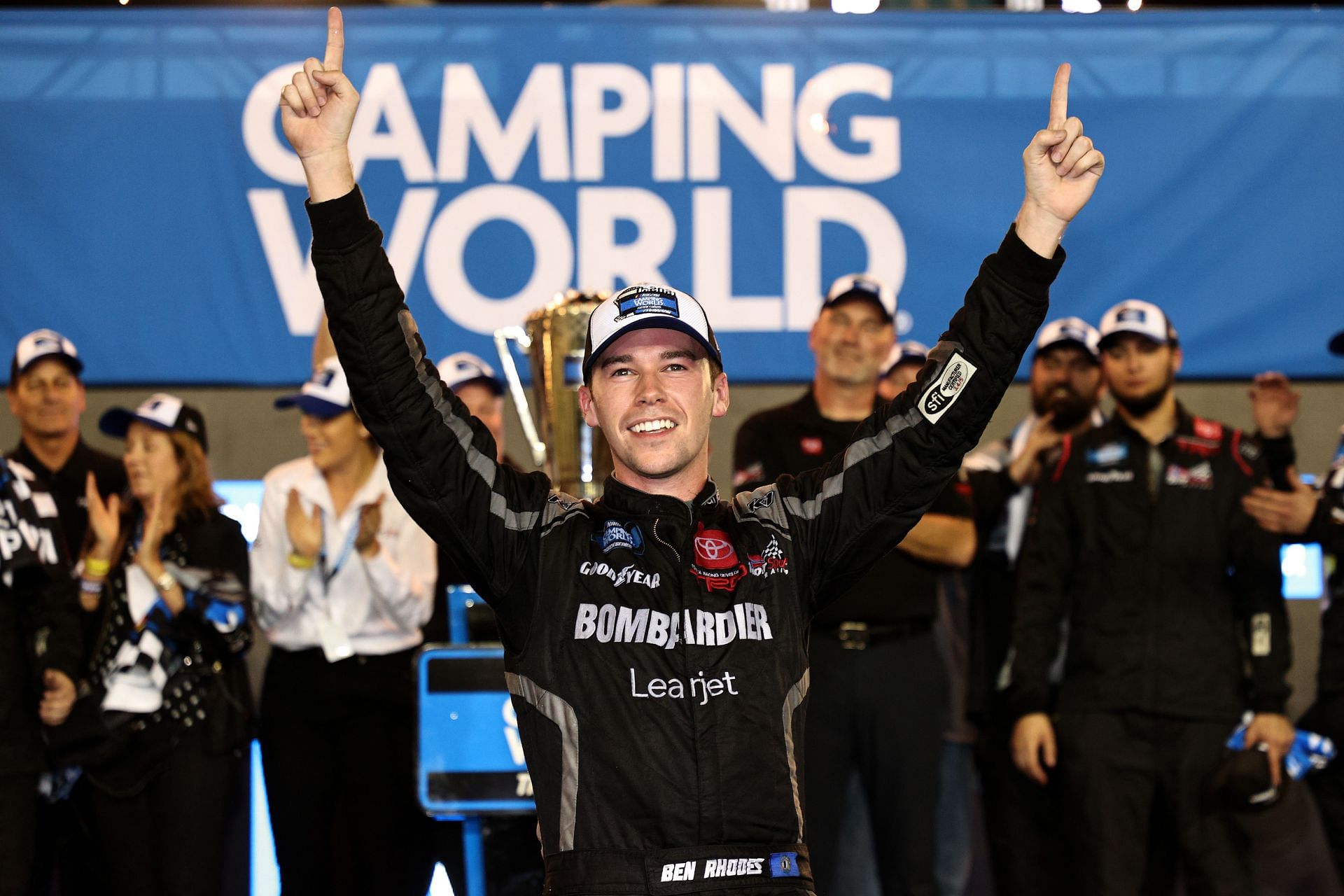 Ben Rhodes celebrates in victory lane after winning the 2021 NASCAR Camping World Truck Series Championship at Phoenix Raceway on November 05, 2021 in Avondale, Arizona. (Photo by Chris Graythen/Getty Images)