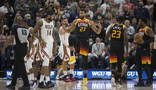 Rudy Gobert, Royce O'Neale and Donovan Mitchell of the Utah Jazz against the New Orleans Pelicans