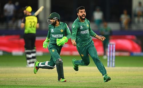 Pakistan's Shadab Khan and wicketkeeper Mohammad Rizwan.