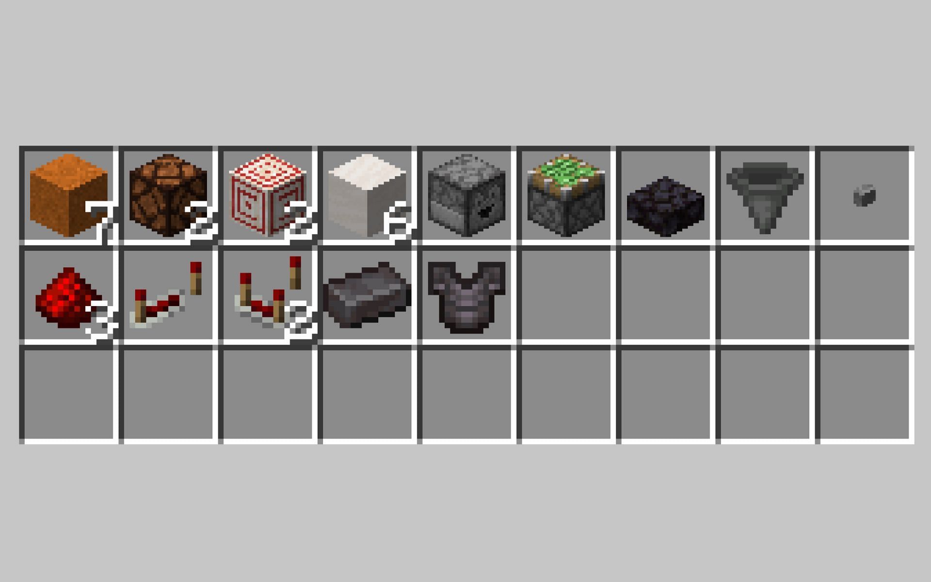 Players will need several items, redstone components, and blocks to complete this build. (Image via Minecraft.)
