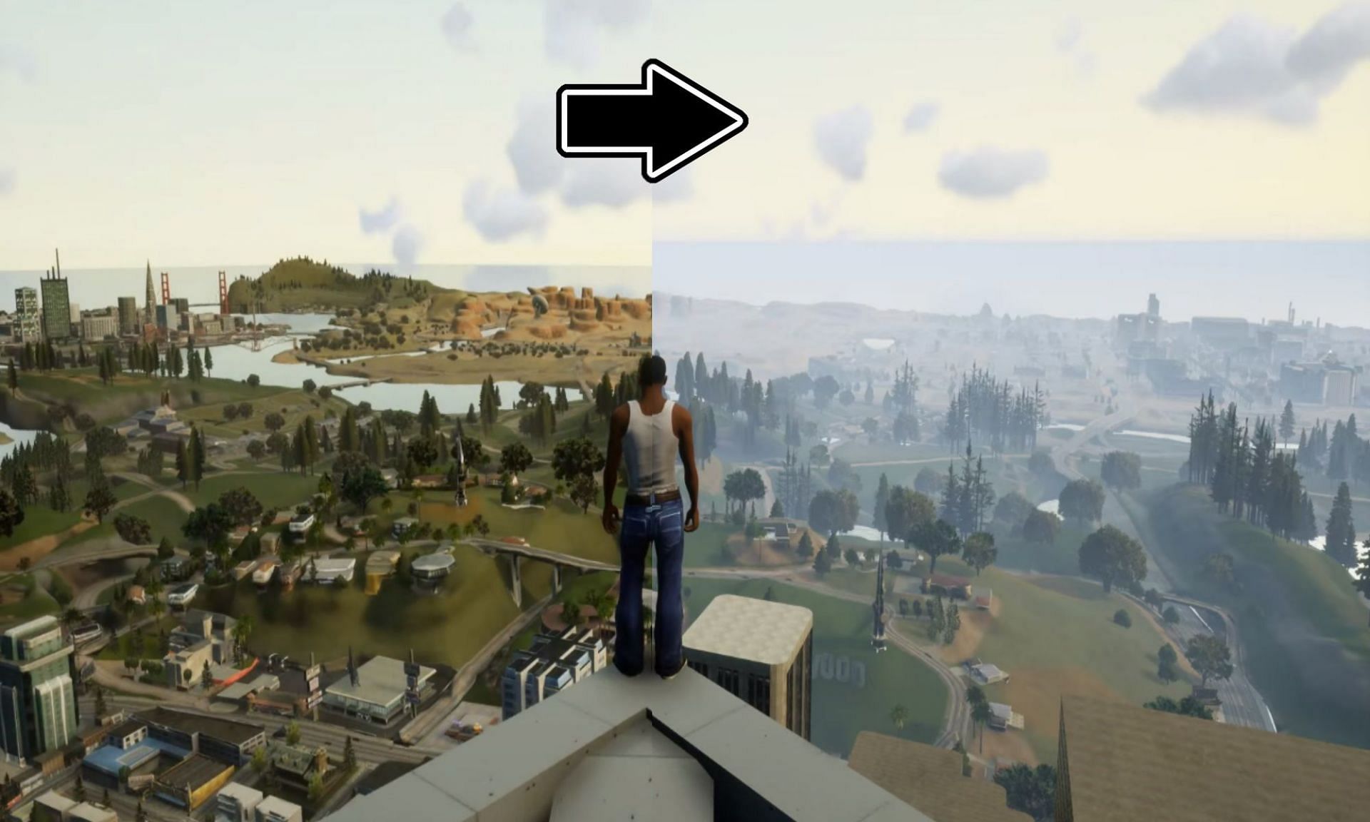 Here is a fog distance fix, courtesy of a modder (Image via TJGM and Rockstar Games, respectively)