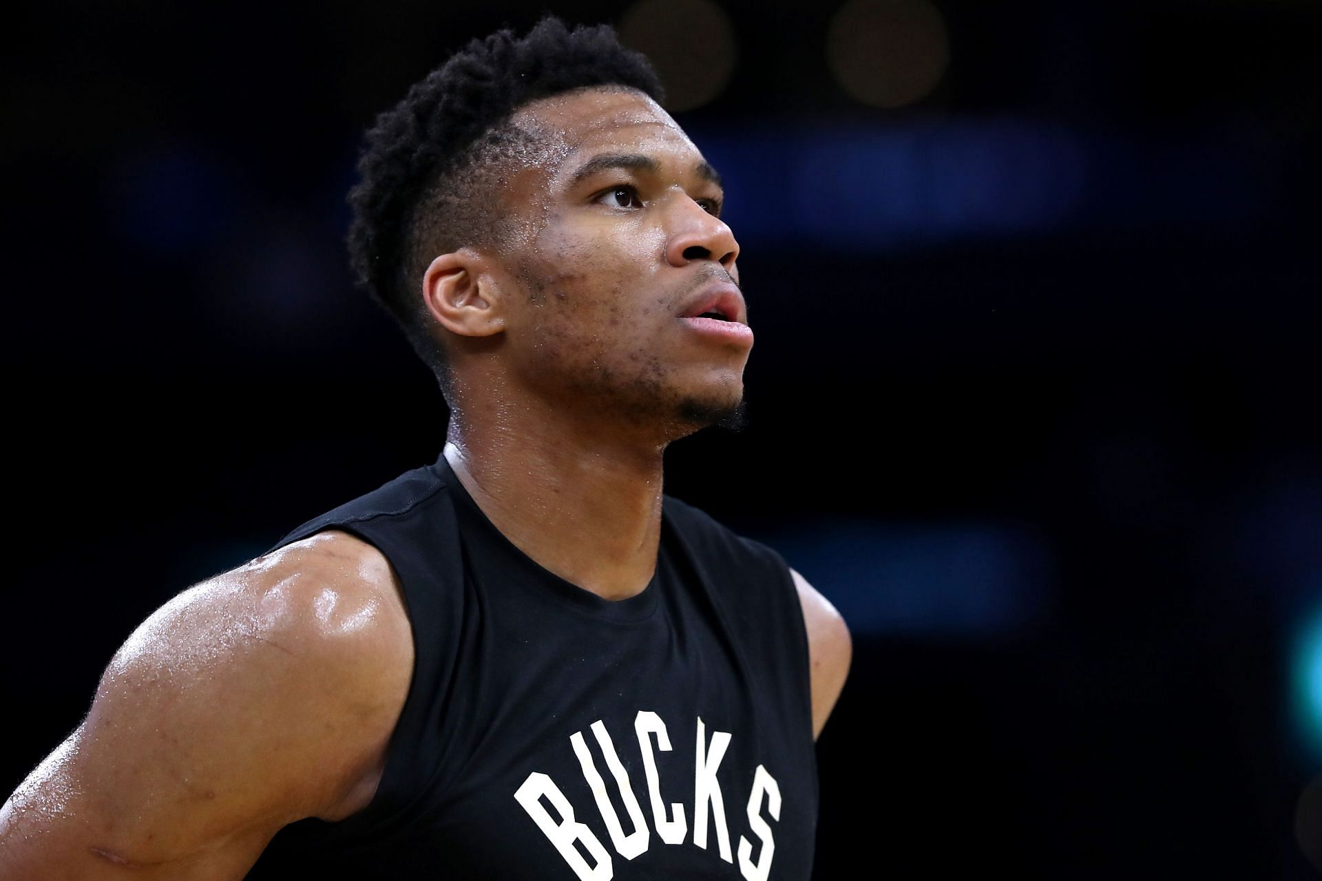 Giannis Antetokounmpo #34 of the Milwaukee Bucks during pregame warm-ups against the Boston Celtics at TD Garden on November 12, 2021 in Boston, Massachusetts.