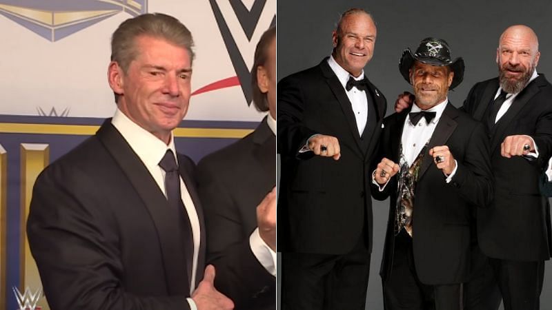 Vince McMahon (left); Billy Gunn, Shawn Michaels, and Triple H (right)
