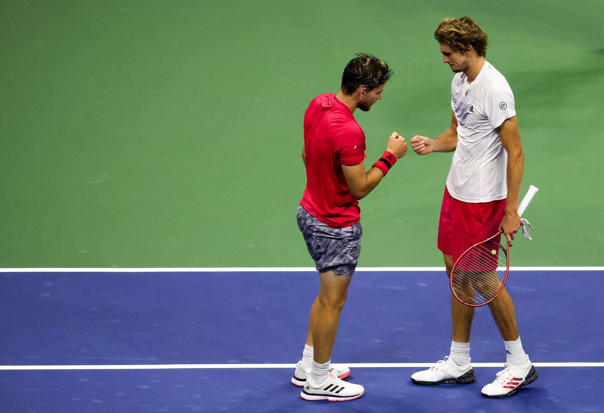 Dominic Thiem (L) and Alexander Zverev at the 2020 US Open - Day 14
