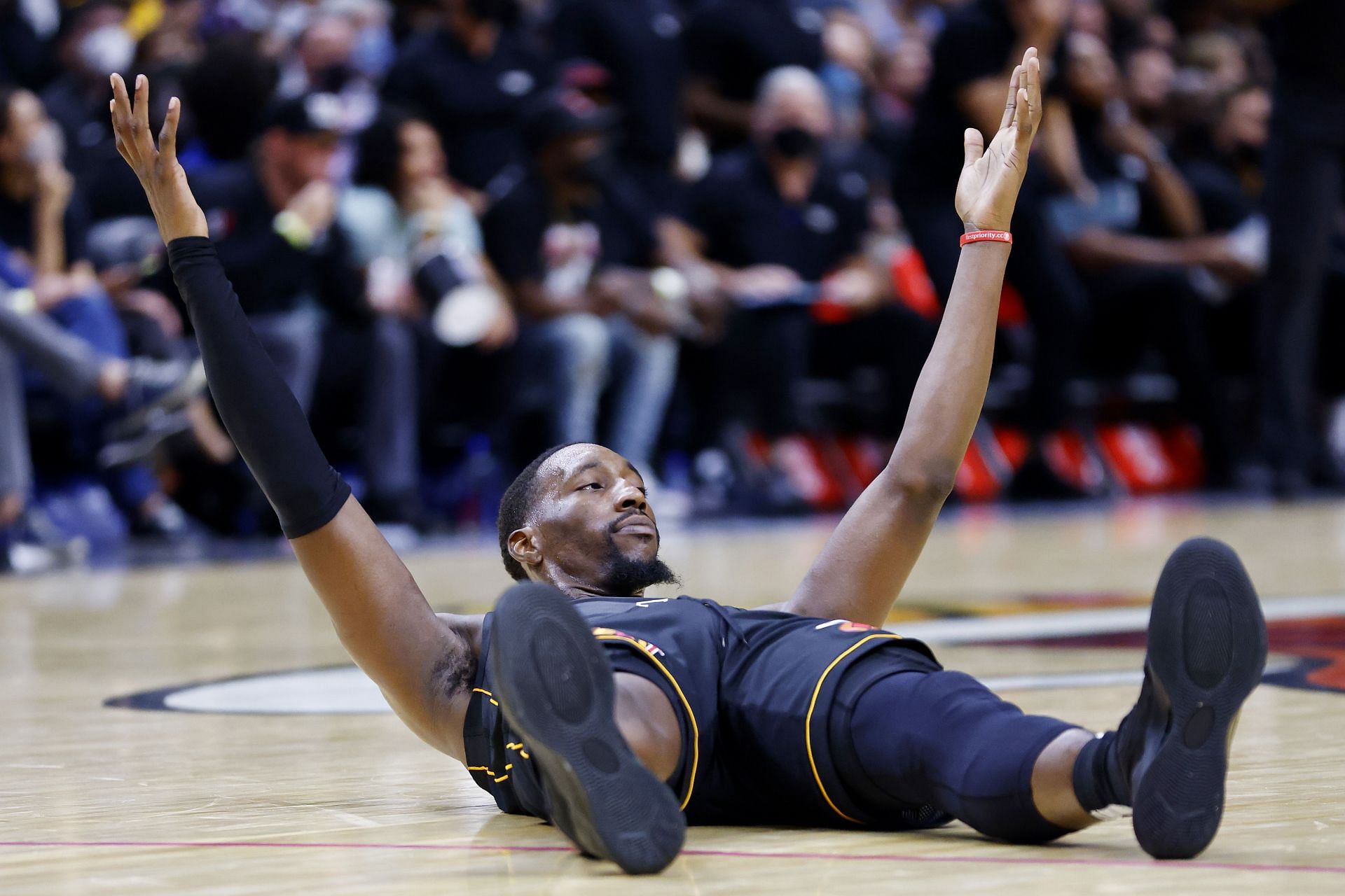 Bam Adebayo reacts to a call during the Miami Heat&#039;s game against the Utah Jazz.