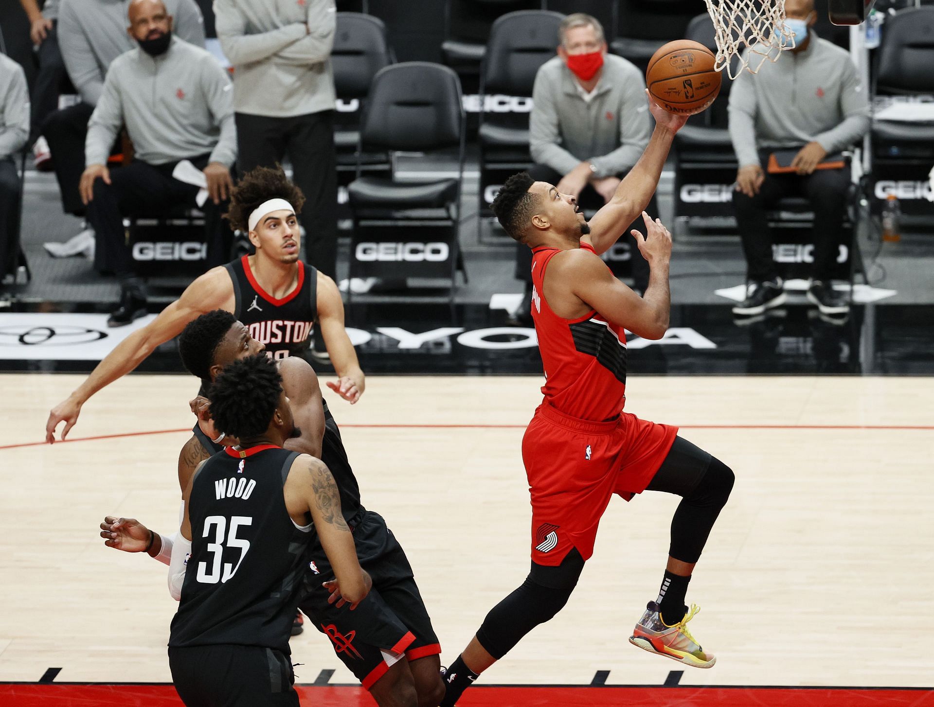 A snap from a game between the Houston Rockets and the Portland Trail Blazers.
