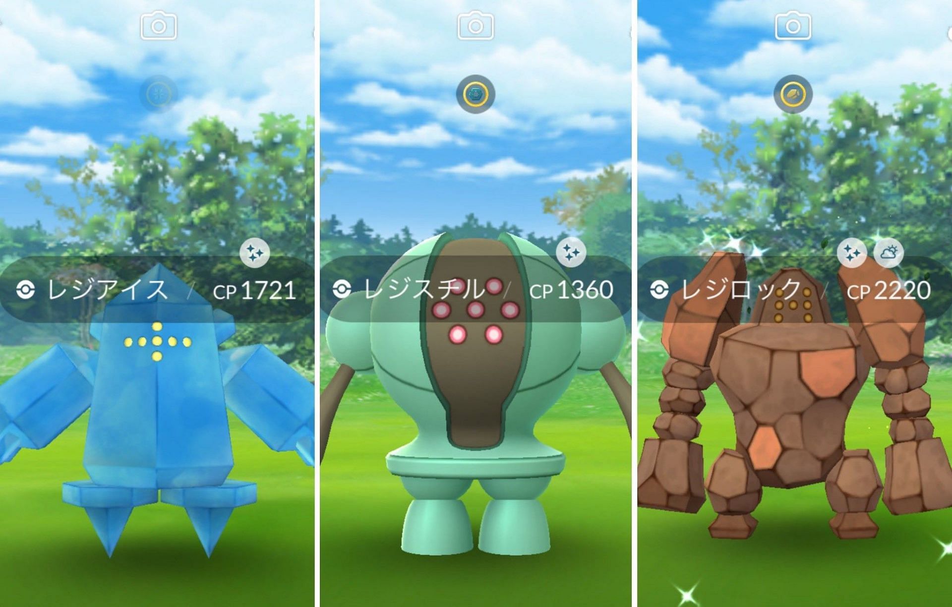 Shiny Regirock (right) is currently available in Pokemon GO alongside shiny Registeel and shiny Regice (Image via Niantic)