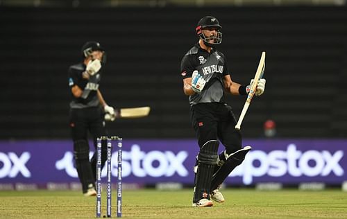T20 World Cup 2021: Daryl Mitchell celebrates after hitting the winning runs against England in the semi-finals.