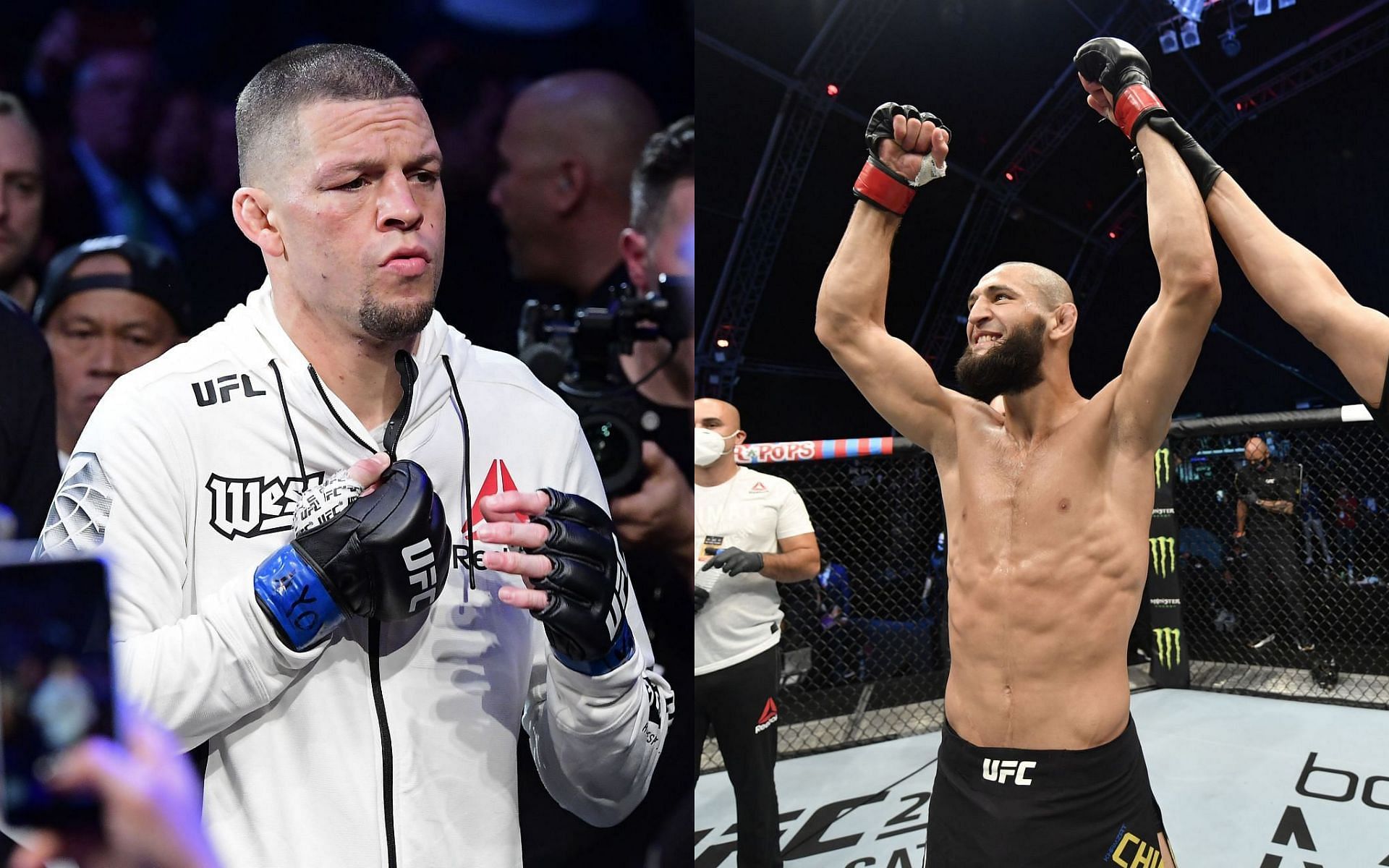 Nate Diaz (left) &amp; Khamzat Chimaev (right)