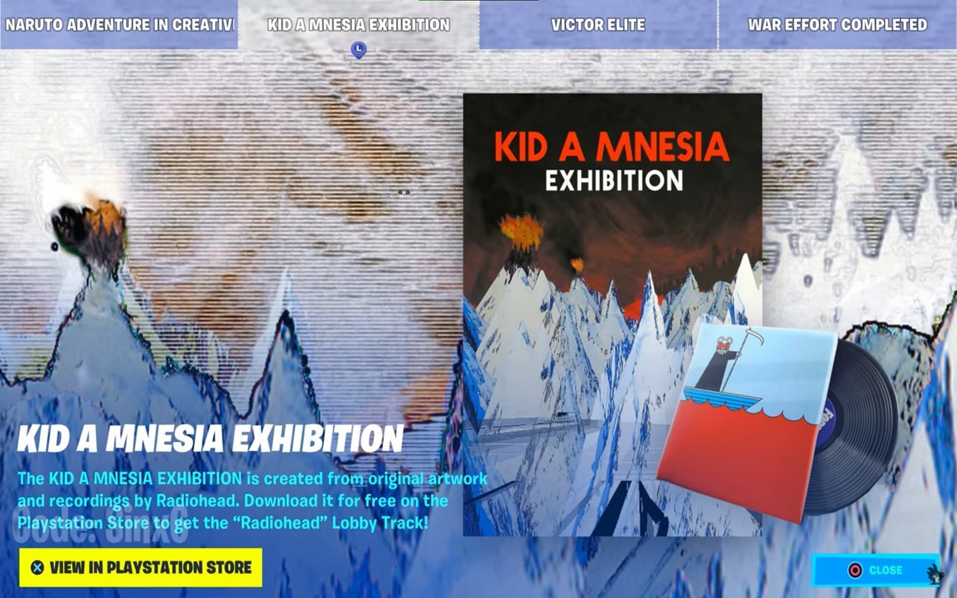 The Kid A Mnesia Exhibition page in Fortnite (Image via Epic Games)