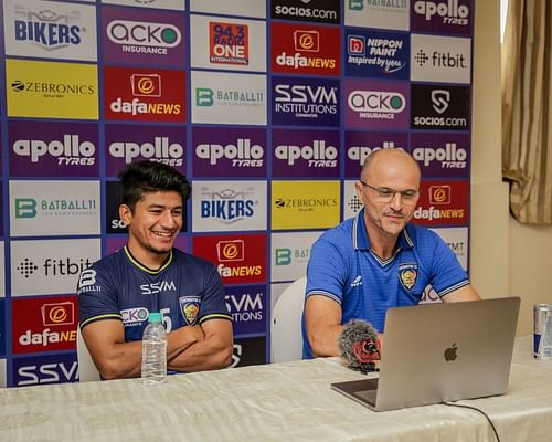 Chennaiyin FC captain Anirudh Thapa (L) and coach Bozidar Bandovic attending a virtual press conference ahead of their ISL 2021-22 opener. (Image courtesy: ISL Media)