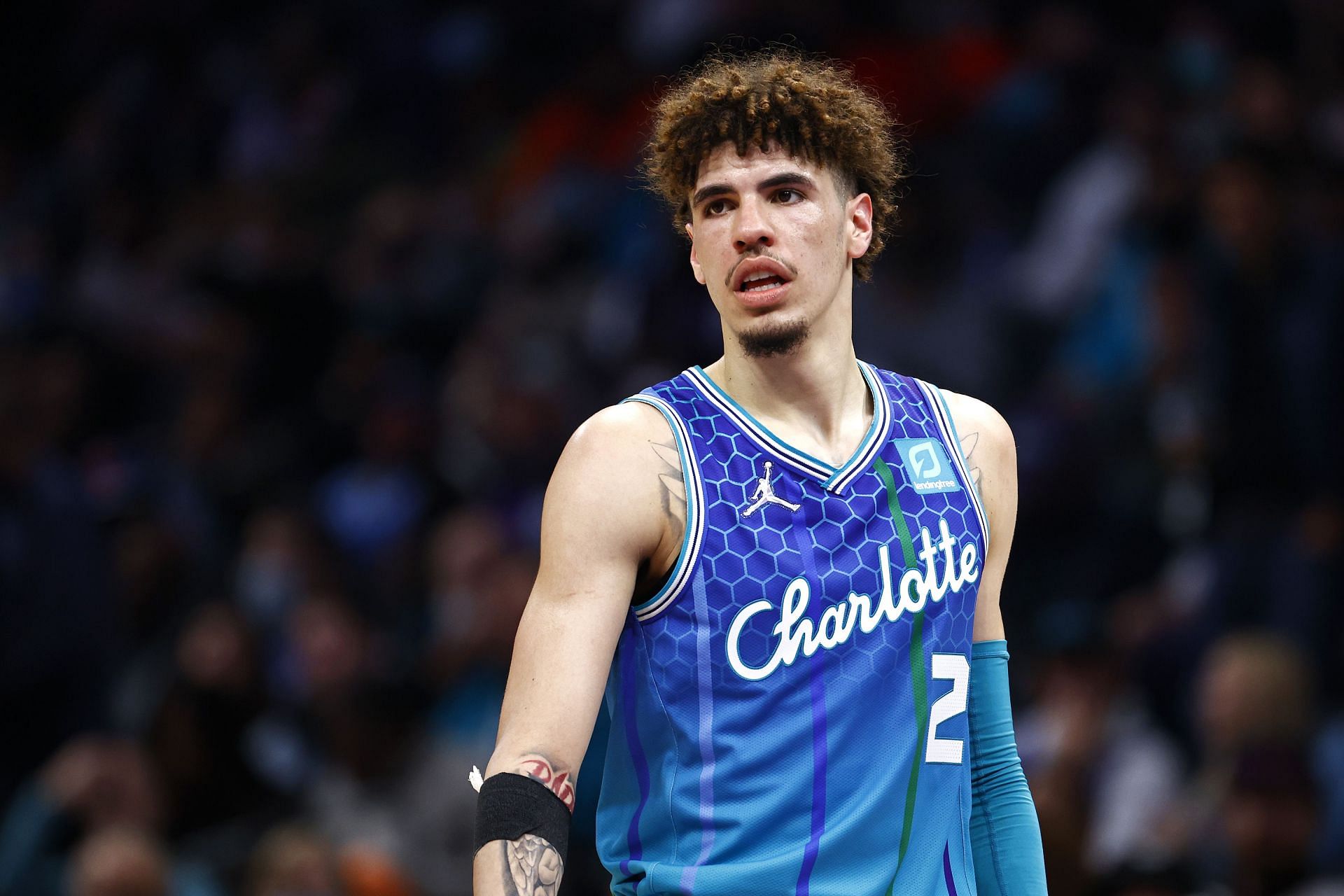 LaMelo Ball in action during New York Knicks v Charlotte Hornets