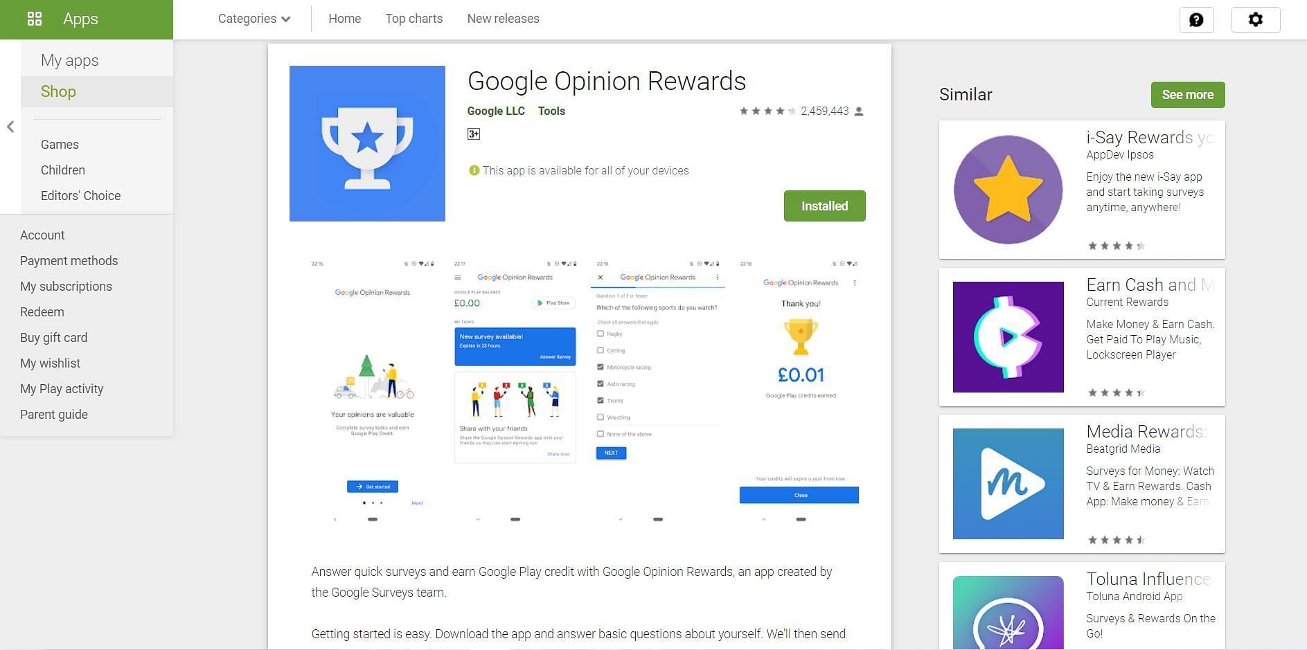 Google Opinion Rewards app (Image via Google Play)