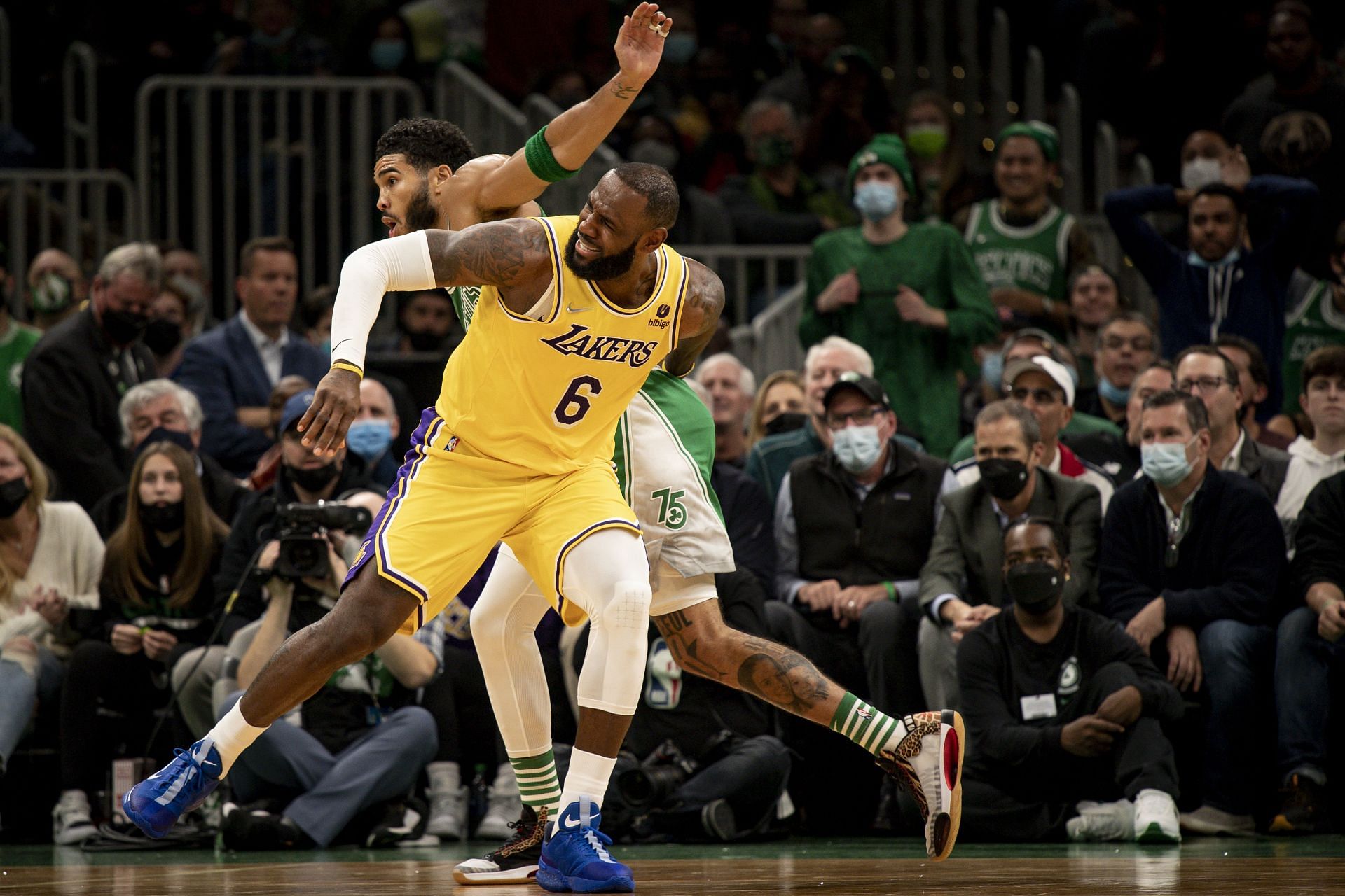 LeBron James in action during LA Lakers v Boston Celtics game