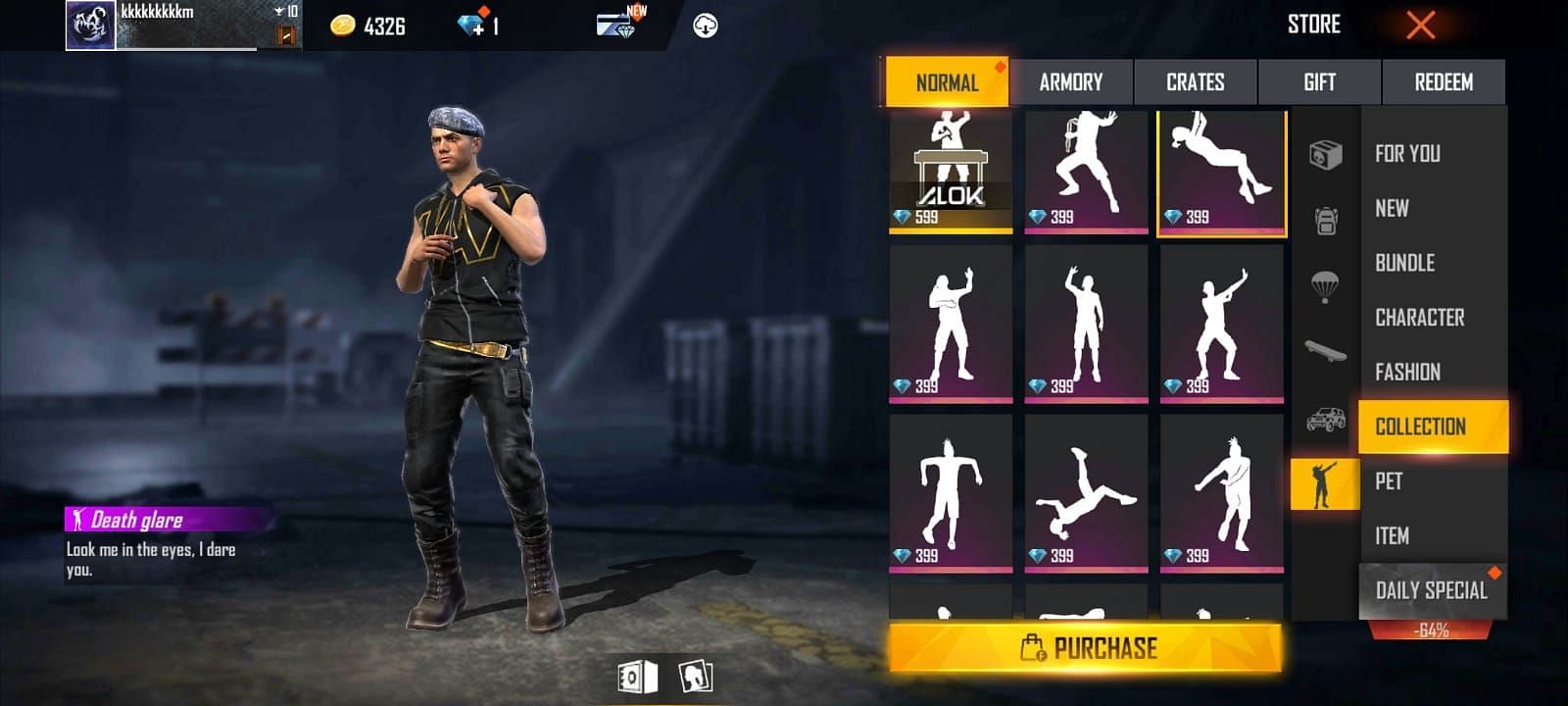 Death Glare emote in Free Fire (Image via Garena)