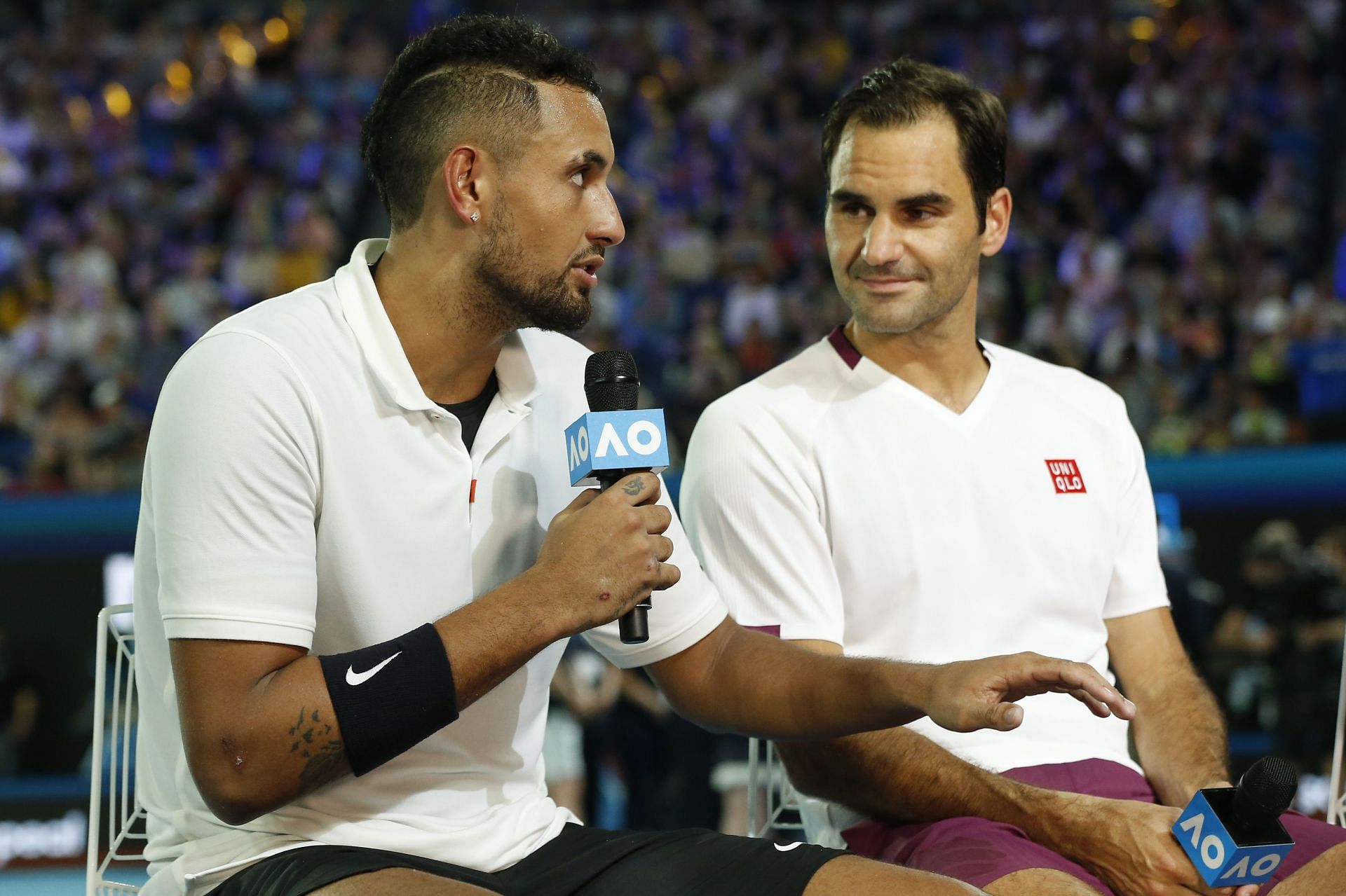 Nick Kyrgios with Roger Federer at the Tennis Rally for Relief in 2020