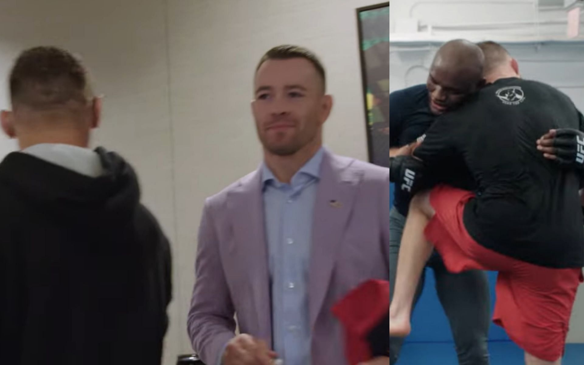 Michael Chandler passes Colby Covington in the corridor (left), while Kamaru Usman and Justin Gaethje take part in a light sparring session (right) [Images credit: screen grab from a UFC video on YouTube]