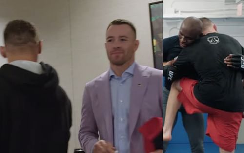 Michael Chandler passes Colby Covington in the corridor (left), while Kamaru Usman and Justin Gaethje take part in a light sparring session (right) [Images credit: screen grab from a UFC video on YouTube]