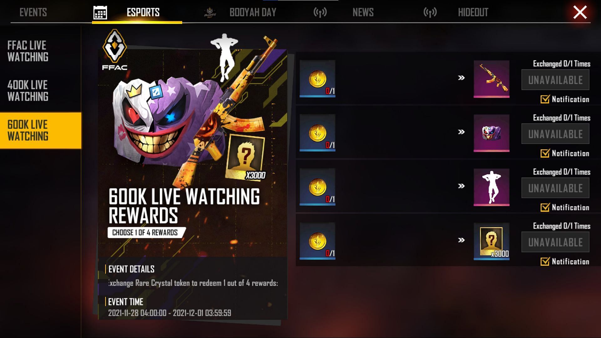 The rewards option for 600k watching (Image via Free Fire)