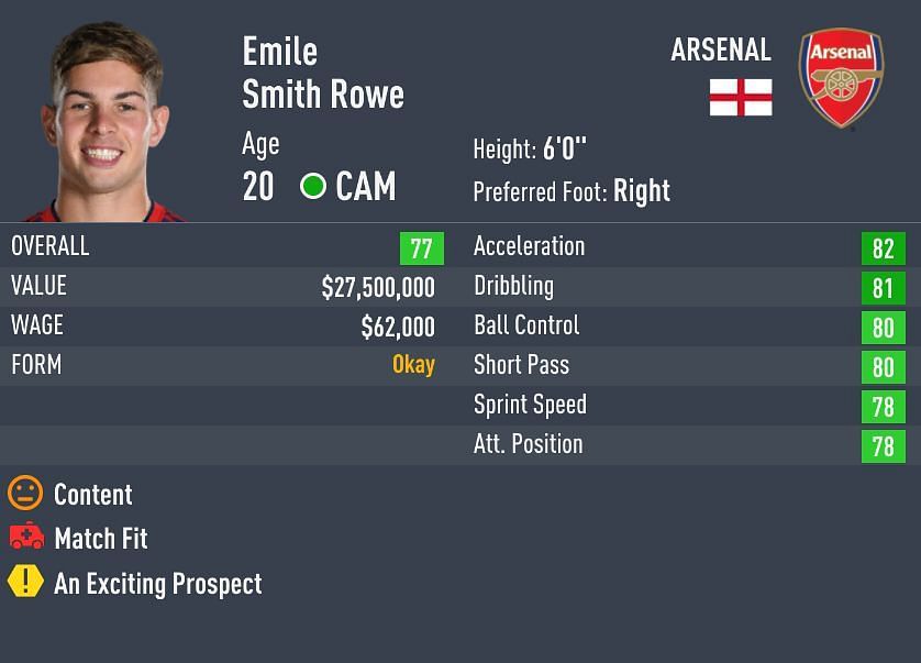 Smith Rowe has 4-stars in weak-foot and skill moves in FIFA 22 (Image via Sportskeeda)