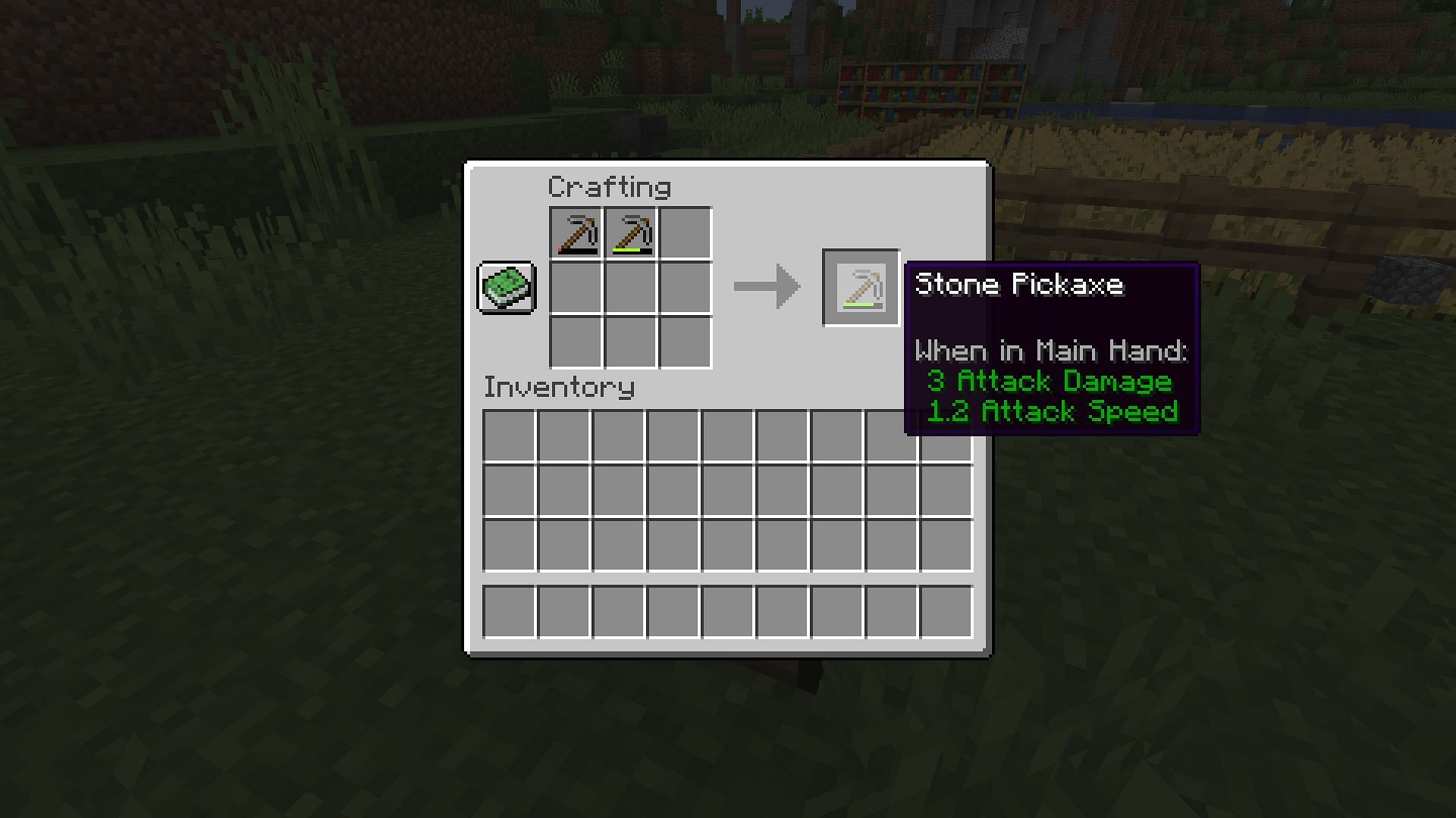 Repairing a stone pickaxe using a crafting table (Image via Minecraft)
