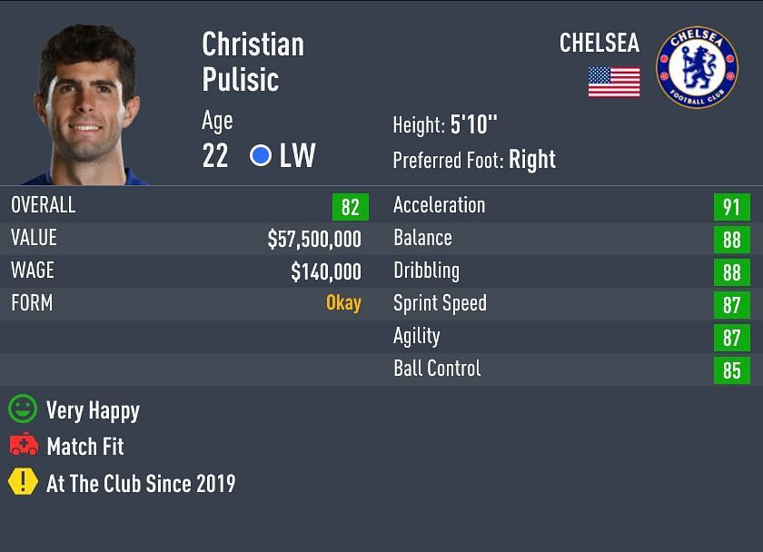Pulisic has a 4-star weak-foot and skill-moves in FIFA 22 (Image via FIFA)