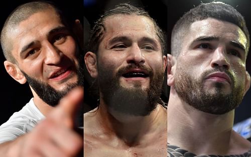 Khamzat Chimaev (left), Jorge Masvidal (center), and Sean Brady (right) [Photos via @ufc on Instagram]