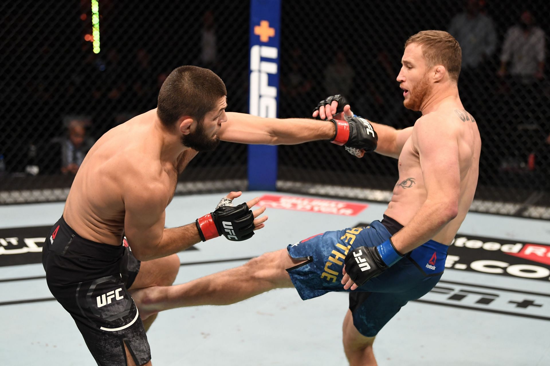 Justin Gaethje connects with a leg kick